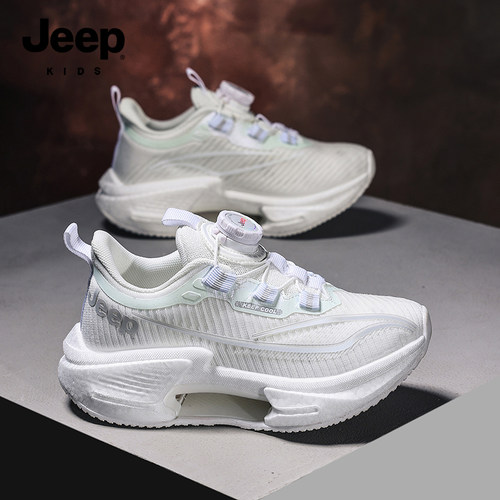 Jeep儿童小白鞋专业跑步鞋2026新款网面透气旋纽扣男童白色运动鞋