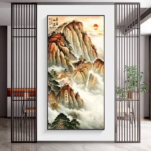 数字油画diy手绘入户玄关装饰画日出泰山靠山走廊过道挂画竖壁画