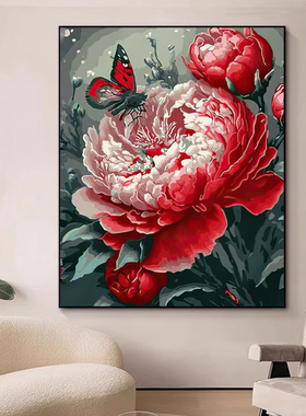 diy数字油画牡丹花花卉手工填色画治愈解压丙烯画客厅卧室挂画