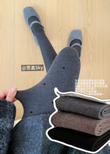 思盖Sky秋冬加绒竖纹咖色连裤袜！女显瘦踩脚灰色波点连体袜～