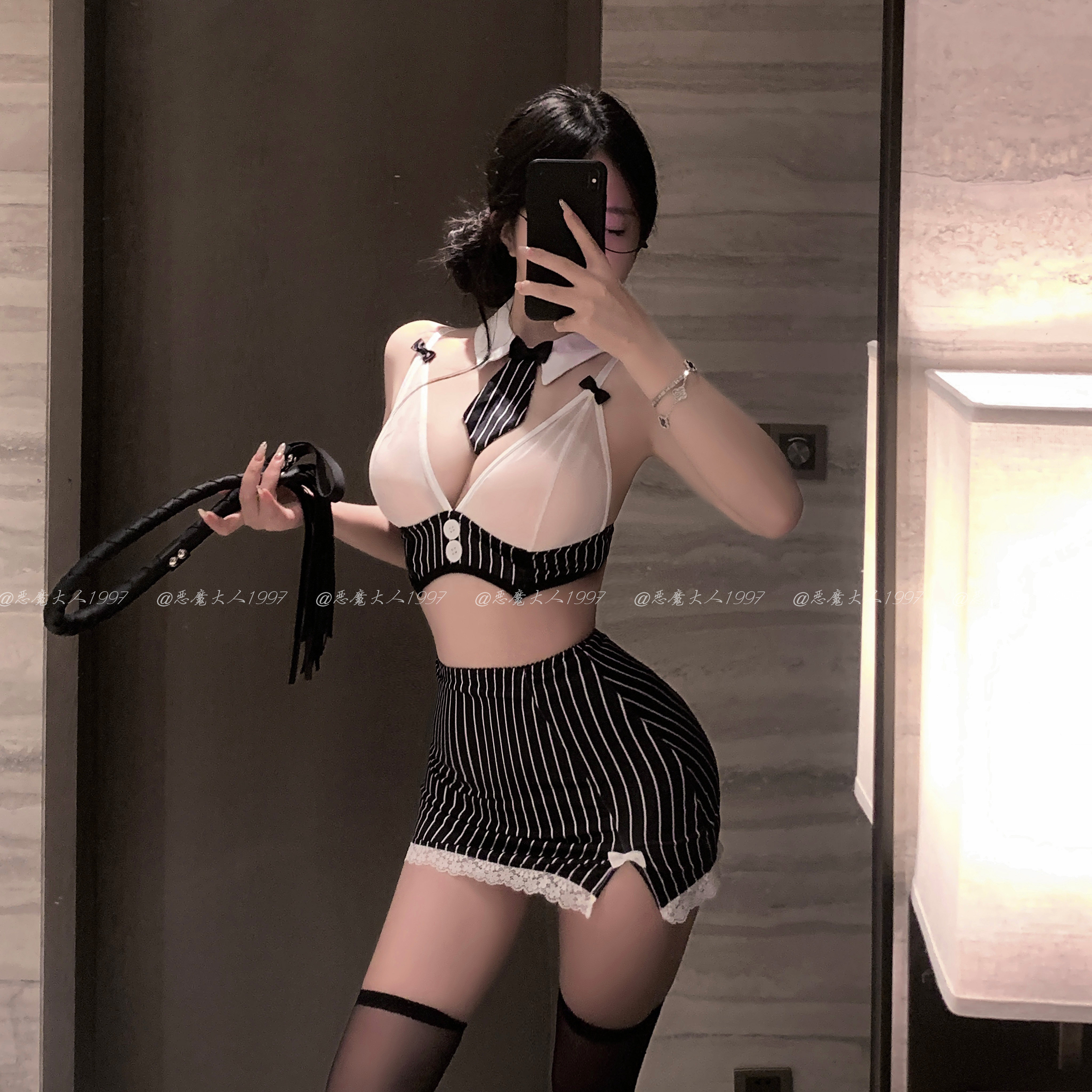 恶魔大人性感条纹蝴蝶结超短裙OL制服内衣诱惑纯欲显瘦情趣套装9
