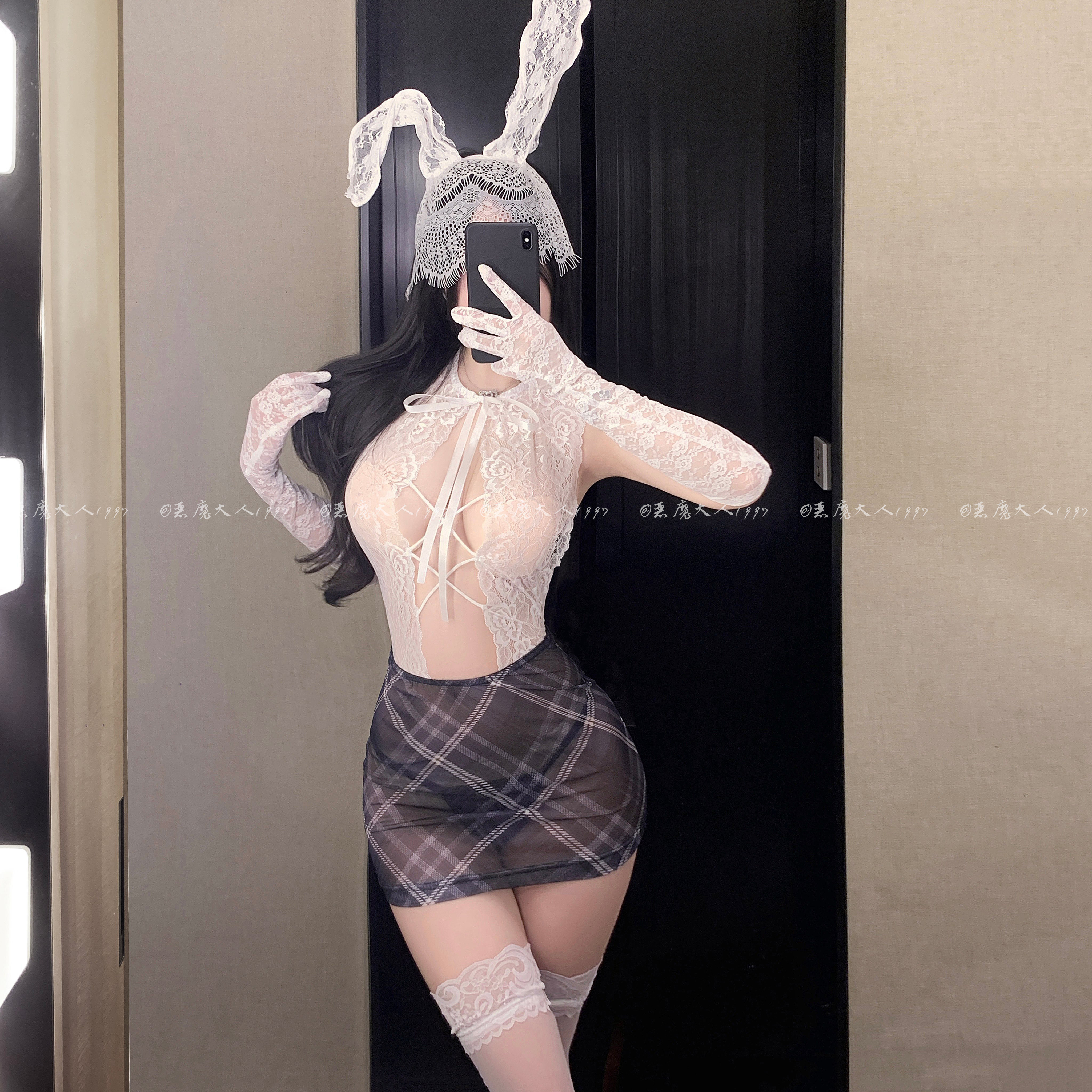 恶魔大人情趣性感格纹透视蕾丝包臀裙纯欲qqny秘书诱惑制服内衣女