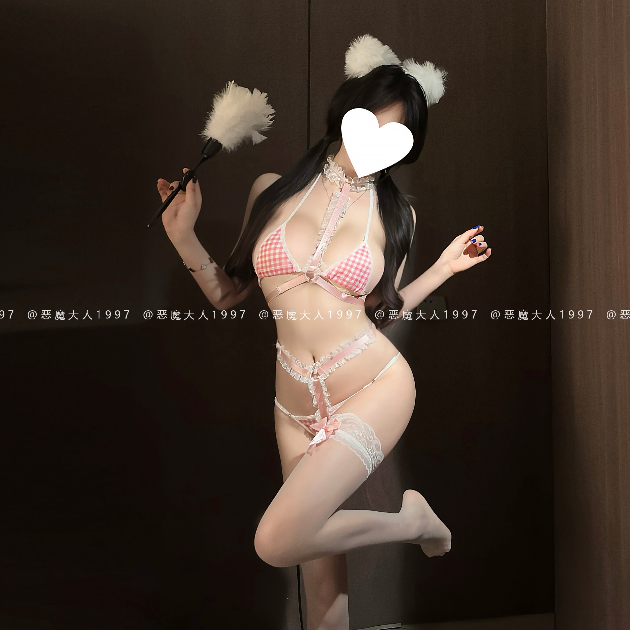 恶魔大人可爱印花格子绑带比基尼情趣荷叶边纯欲分体泳装内衣套装