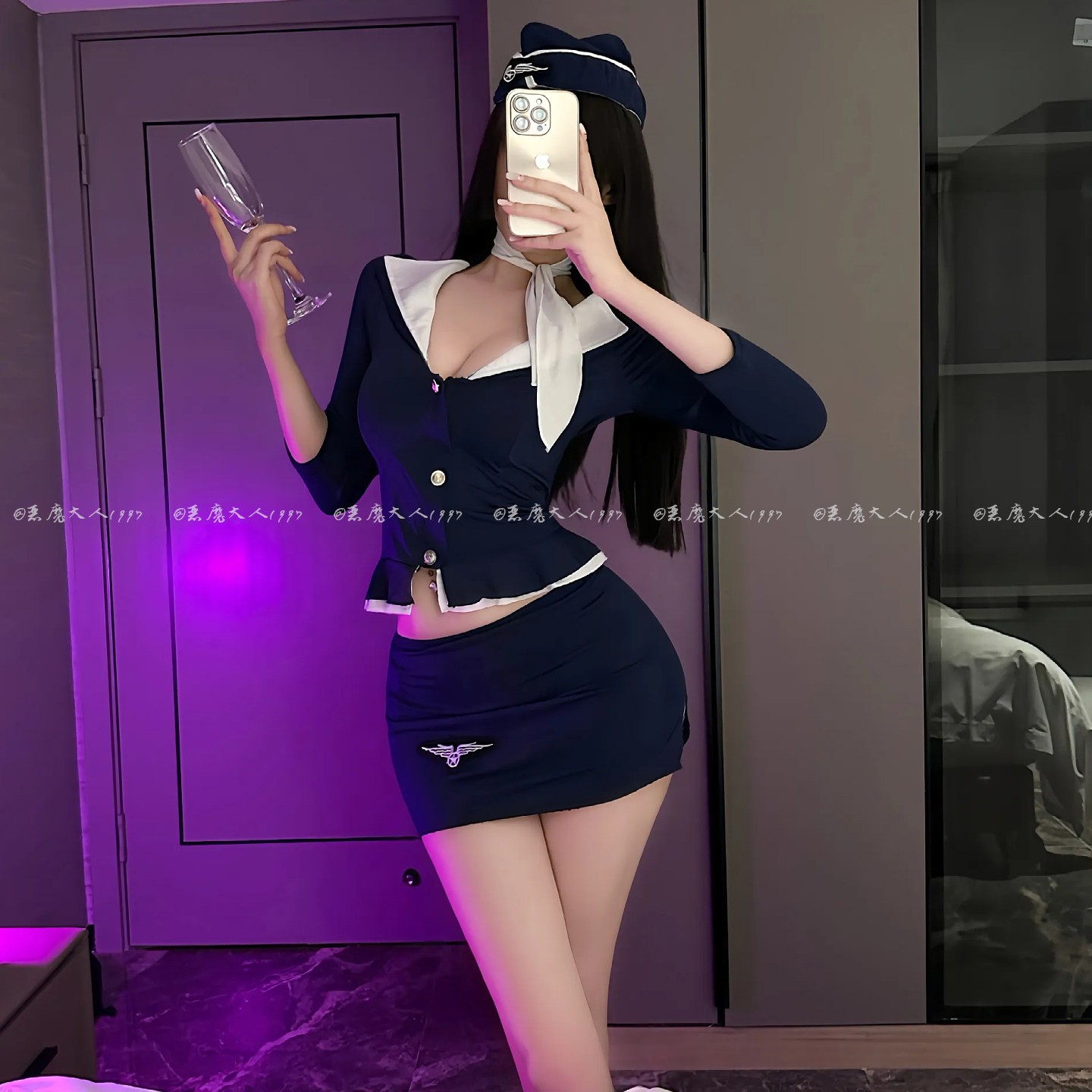 恶魔大人情趣性感OL海军空姐角色扮演火辣长袖上衣包臀短裙制服女