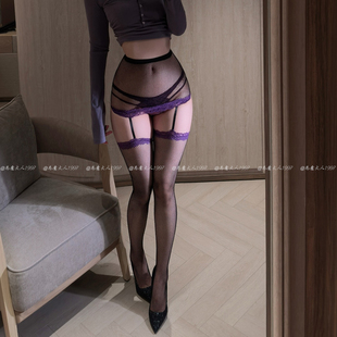 恶魔大人****性感撞色吊带网袜紫色诱惑超薄手撕包臀一体连裤 丝袜
