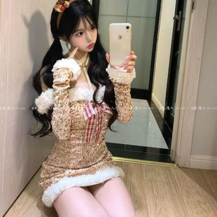恶魔大人圣诞蝴蝶结挂脖抹胸连衣裙修身亮片短裙纯欲风包臀裙制服