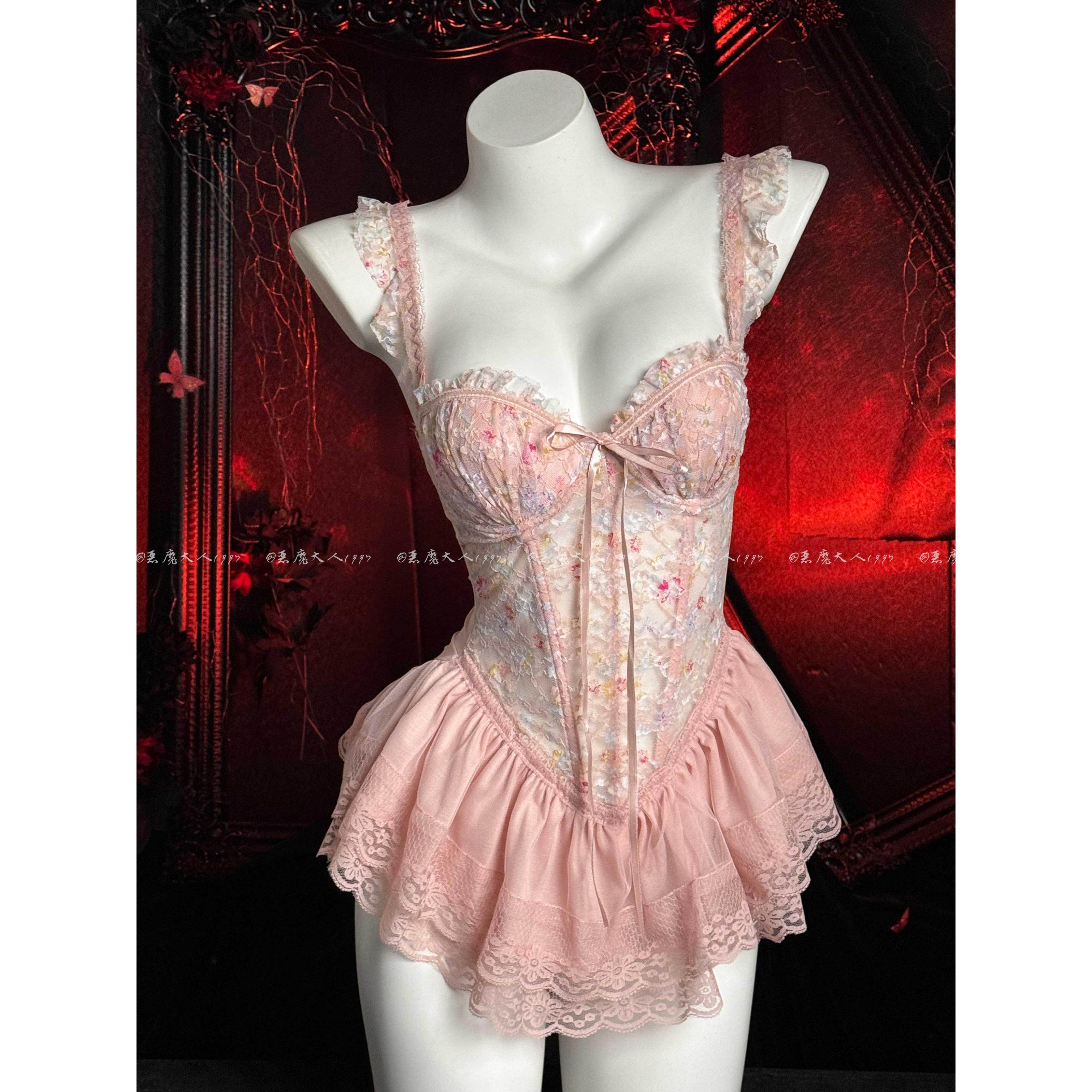 恶魔大人法式碎花印染甜美鱼骨胸衣带胸垫纯欲吊带情趣聚拢连体衣