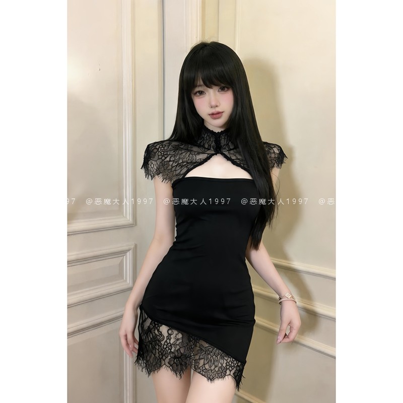 恶魔大人蕾丝披肩旗袍款短裙性感情趣辣妹抹胸露背紧身包臀裙内衣