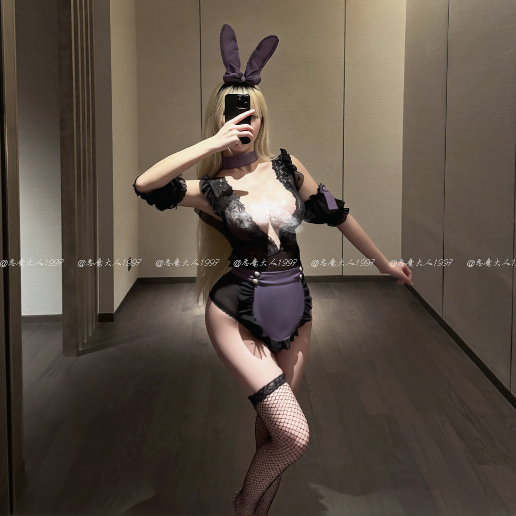 恶魔大人性感深V蕾丝网纱诱惑兔女郎连体内衣透视情趣COS女佣制服