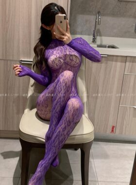 性感紫色豹纹透视连体网衣连身袜