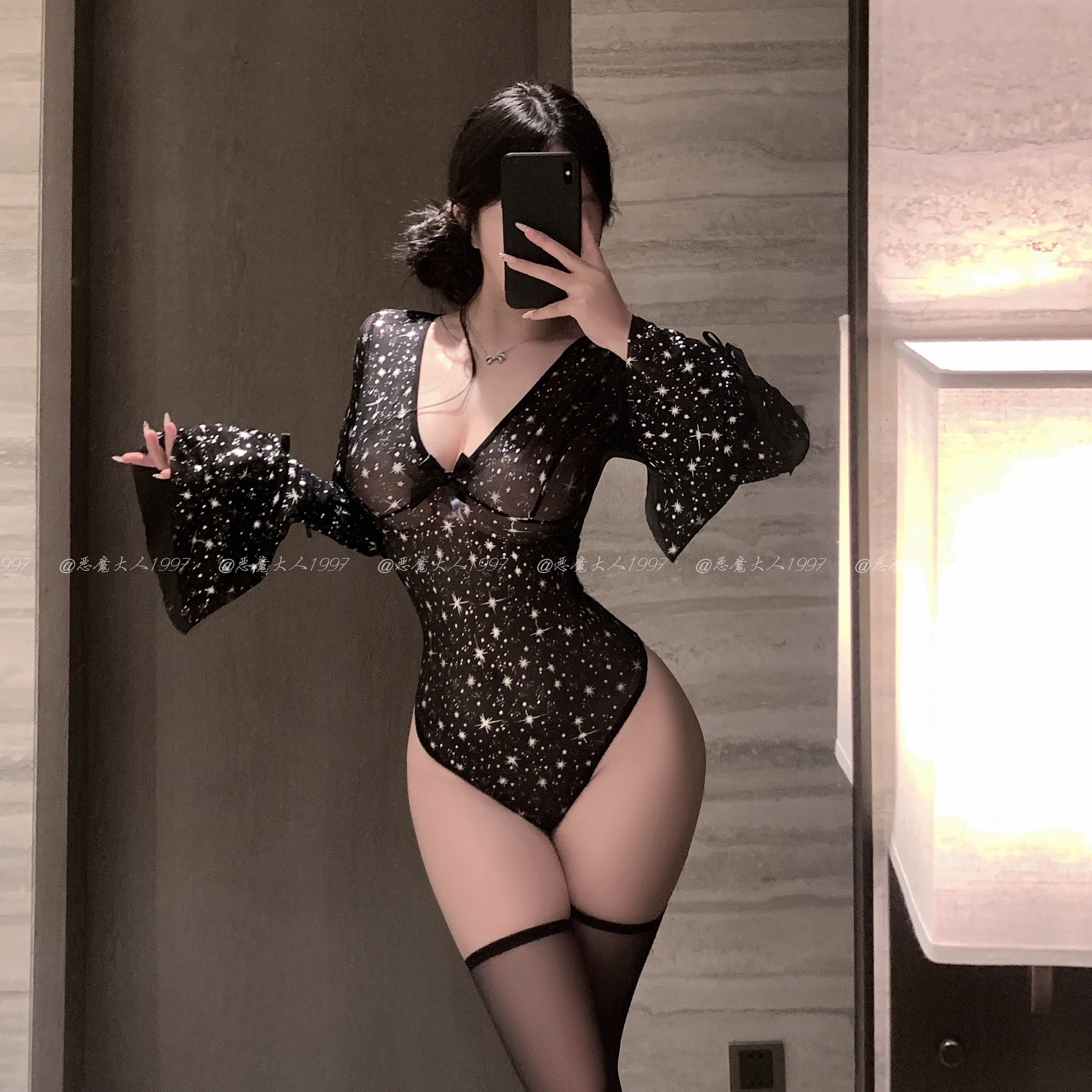 恶魔大人新款黑色情趣欧美风连体衣套装满天星网纱性感内衣制服女