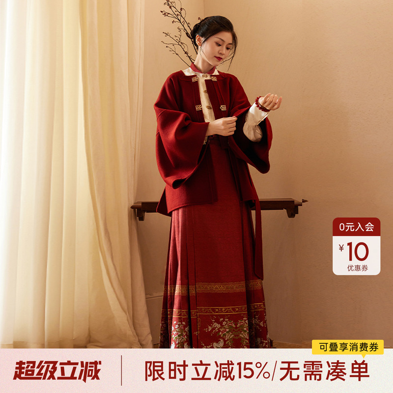 听旬嘉姻秋冬拜年汉服女改良红色纯羊毛大衣过年服婚服敬酒服全套