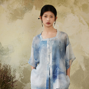 听旬西江月夏季汉服女原创改良方领半袖搭国风日常通勤阔腿裤套装