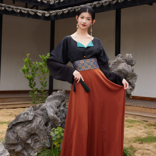 听旬小重山春秋新款 汉服女原创国风改良唐制十四破裙假两件坦领衫