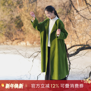 听旬不知雪新中式 绿色毛呢大衣女改良唐圆领纯羊毛宽松型国风外套