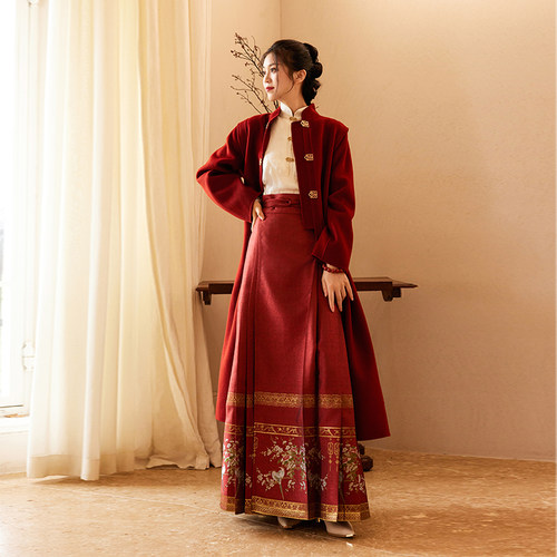 听旬嘉姻秋冬拜年汉服女改良长款红色纯羊毛大衣过年服婚服敬酒服