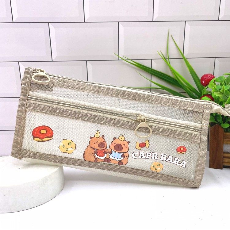 卡皮巴拉双层网纱透明笔袋铅笔和男女孩小学生高颜值简约文具袋批