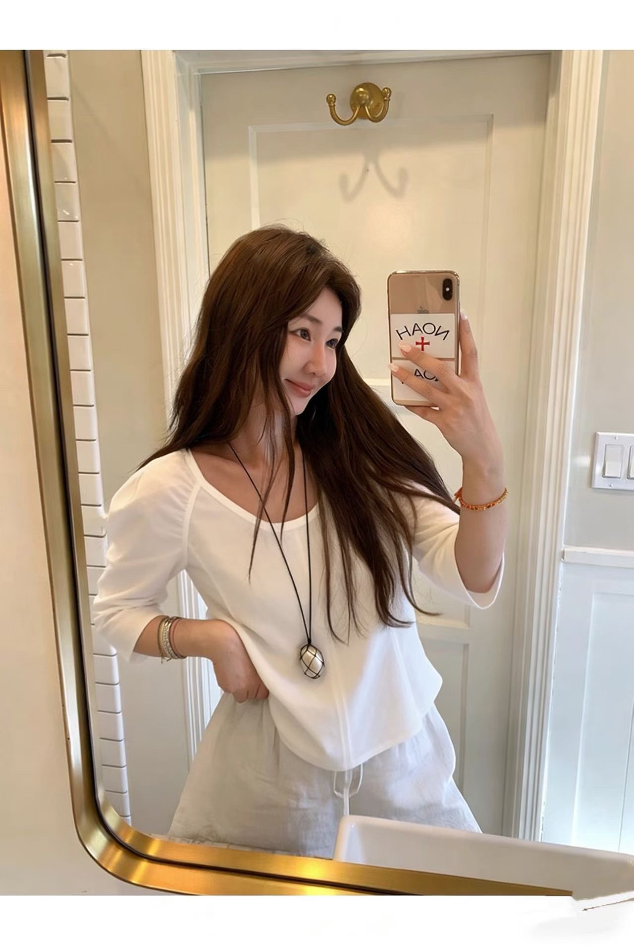 BEAUTIFUL2026夏季新款韩版泡泡袖后背拉链U领麻料五分袖T恤女潮