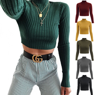 Ribbed Jummers Lady Knitted Pullovers Short Solid Sweaters