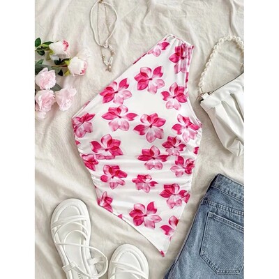 春季单肩褶皱印花免烫女士上衣