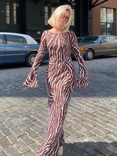 Sleeve High Waist Water 水波纹长袖 Long Dress 高腰连衣裙 Wave