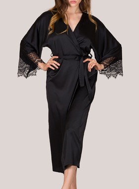 Women Sexy Black Satin Kimono Robe Bathrobe Lingerie Sleepwe