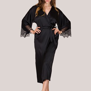 Women Sexy Black Satin Kimono Robe Bathrobe Lingerie Sleepwe