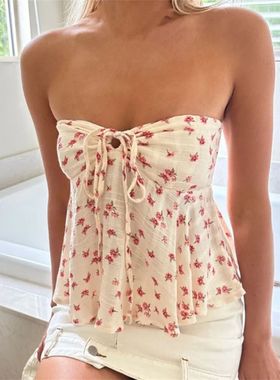 Tie up waist cinching strapless top 女式碎花系带收腰抹胸上衣
