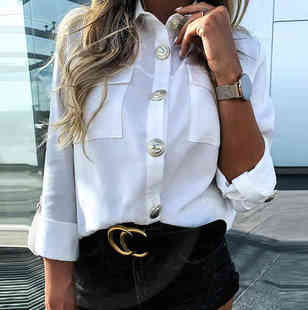 Pockets White Satin Blouse Shirt Long Sleeve