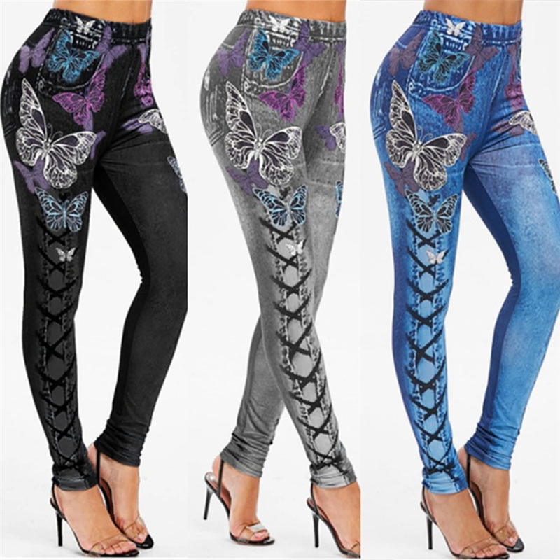 Butterfly printed tight denim leggings蝴蝶印花紧身牛仔打底裤