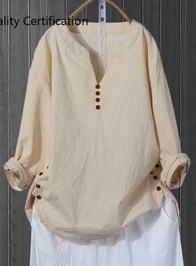 ve Cotton Linen Shirt Ladies Baggy V-neck Retro Blouse Shirt