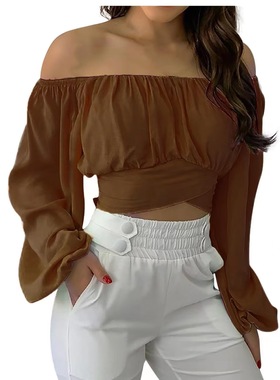 Off shoulder cross tie long sleeved shirt 露肩交叉绑带上衣女