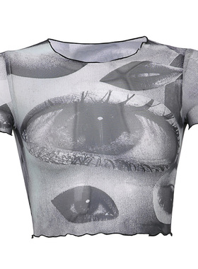 European and American eyes short sleeve crop top露脐装上衣