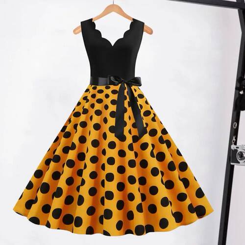 Spliced polka dot printed sleeveless dress拼接波点印花连衣裙