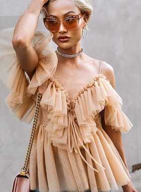 ant ruffle off shoulder shirt tops female Mesh blouse blusas