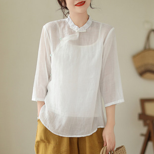 Color 女士盘扣纯色七分袖 Buckle 上衣 Top Solid Sleeve Pan