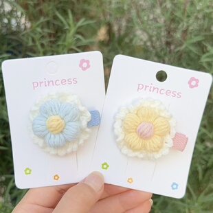 手工毛线钩编织儿童少女甜美泡芙花全包布不伤发碎发夹鸭嘴夹成品