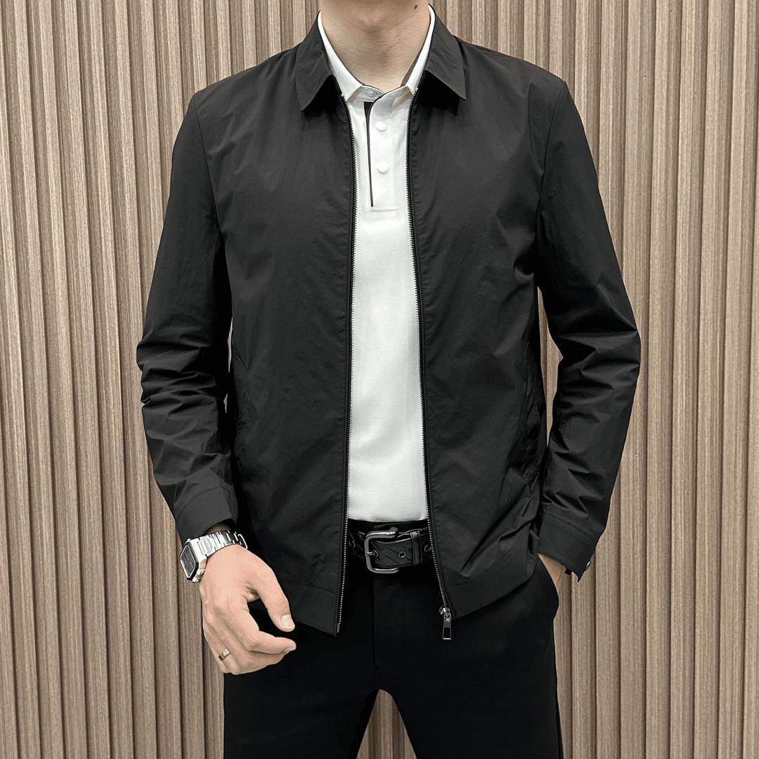 春季简约轻奢薄款透气外套净版纯色青年男士商务休闲翻领拉链夹克