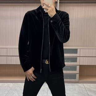 冬季轻奢高端金丝绒面料青年男士简约休闲修身百搭翻领羽绒服外套