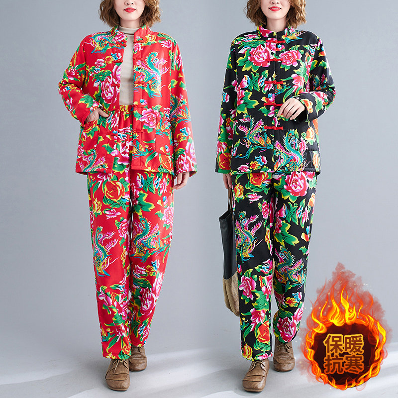 东北大花布衣服棉袄棉裤大花袄套装加厚棉衣女冬大棉袄民族风服装