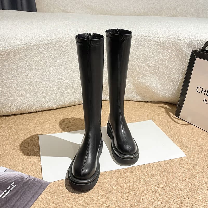 骄屿白色长靴厚底v口不过膝