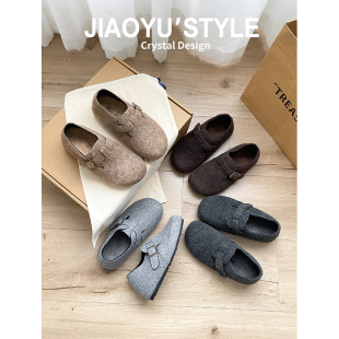 真皮~骄屿厚底勃肯鞋女秋冬新款加绒懒人包头半拖鞋保暖毛毛棉鞋