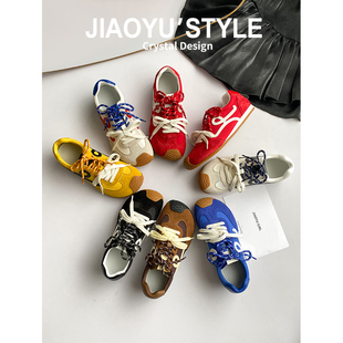 牛皮~骄屿复古红色内增高芭蕾德训鞋2025新款黄色阿甘鞋运动板鞋