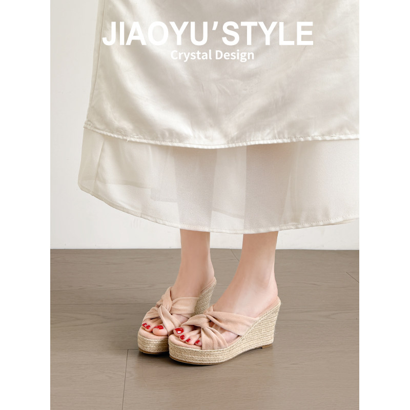 真皮~骄屿草编凉拖鞋女夏外穿松糕厚底一字拖鞋防水台坡高跟凉鞋