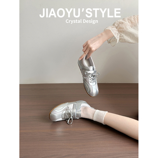 真皮~骄屿复古银色内增高系带德训鞋2026新款轻便运动芭蕾玛丽珍