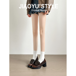 高跟鞋 真皮 一脚蹬通勤单鞋 女漆皮乐福鞋 骄屿英伦风蝴蝶结小皮鞋