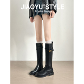 真皮 骄屿秋冬新款 皮带扣长筒靴女通勤不过膝骑士靴低跟复古长靴