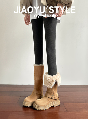 真皮~骄屿厚底雪地靴女2025冬季两穿短靴东北加绒长筒靴保暖棉鞋