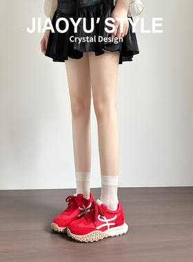 真皮~骄屿7cm内增高德训鞋女2025新款秋冬红色休闲厚底阿甘运动鞋
