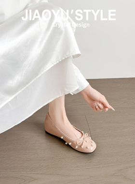 真皮~骄屿法式蝴蝶结珍珠玛丽珍鞋甜美内增高晚晚风通勤圆头单鞋